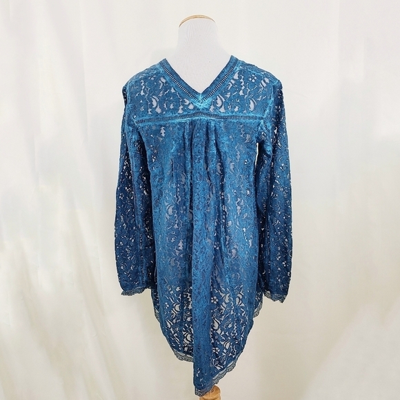 Kyla Seo Caite Nahara lace tunic top sheer teal blue size small - Picture 2 of 5